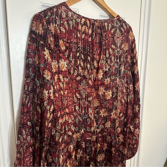 Peruvian Connection Silk Blend Tunic Long Sleeve Dress Red Floral Abstract 14 - Picture 5 of 6